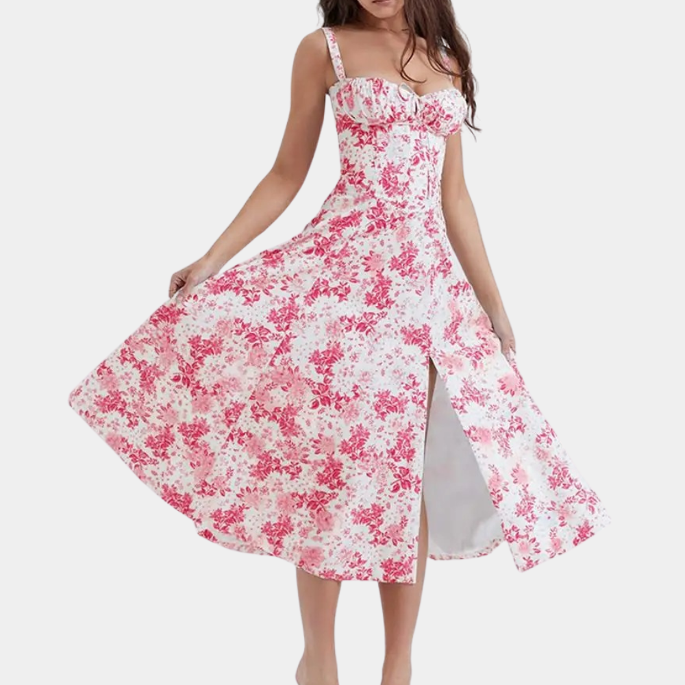 Women's floral midi A-line dress with spaghetti straps, sweet neckline, lightweight summer style