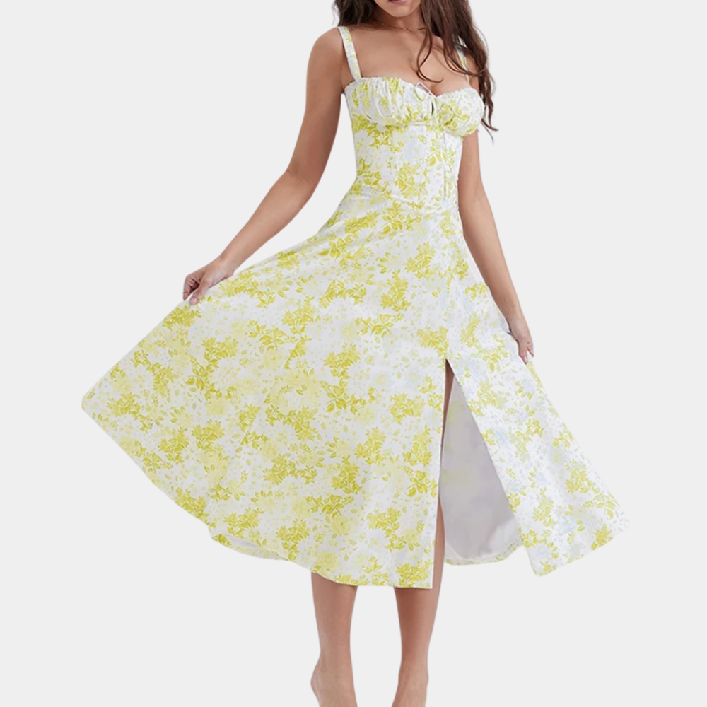 Women's floral midi A-line dress with spaghetti straps, sweet neckline, lightweight summer style