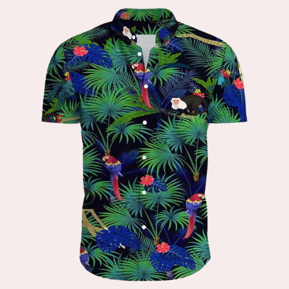 Men's relaxed fit tropical floral print short sleeve shirt, lightweight breathable cotton-blend fabric