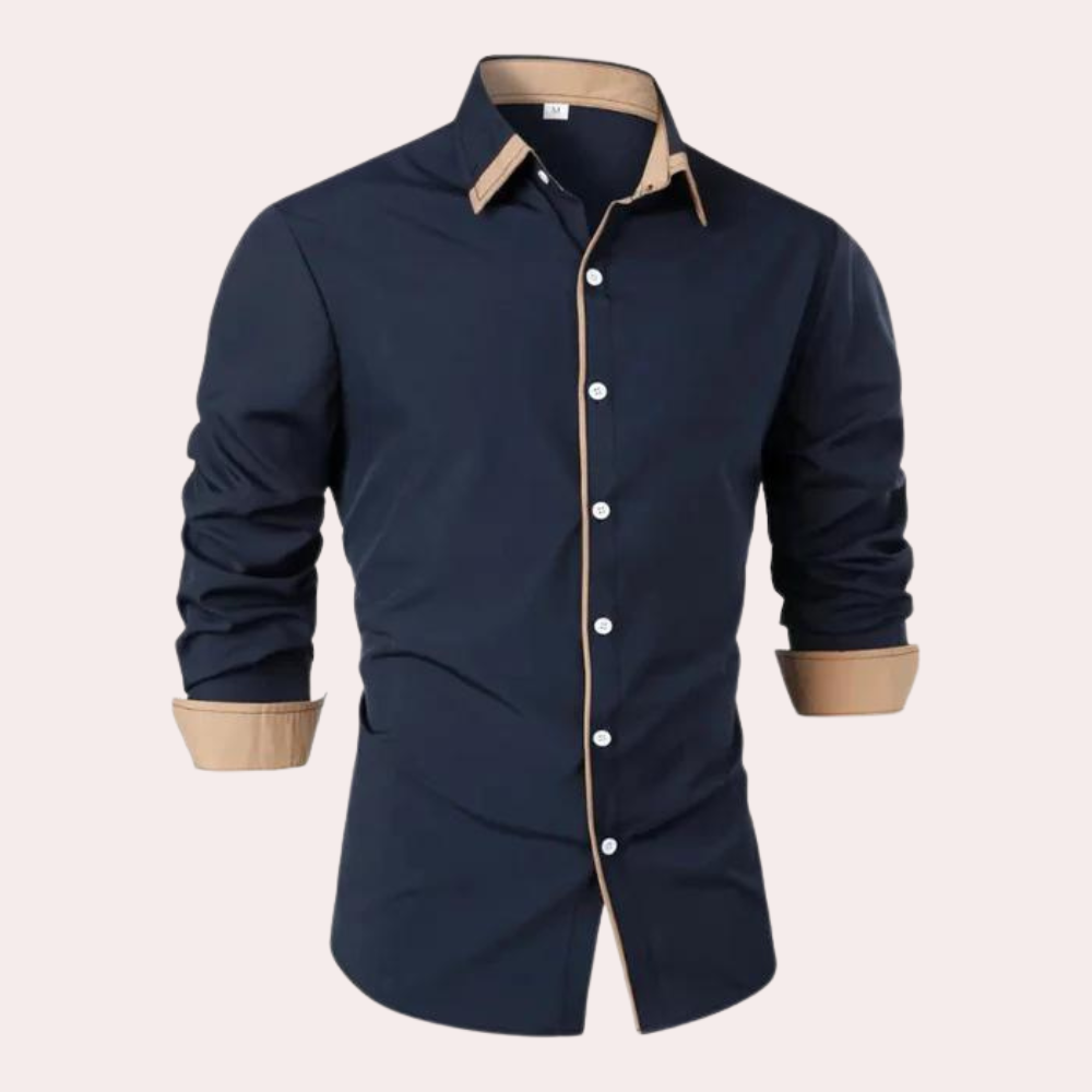 Men's slim fit black long sleeve shirt with tan contrast collar and cuffs classic design