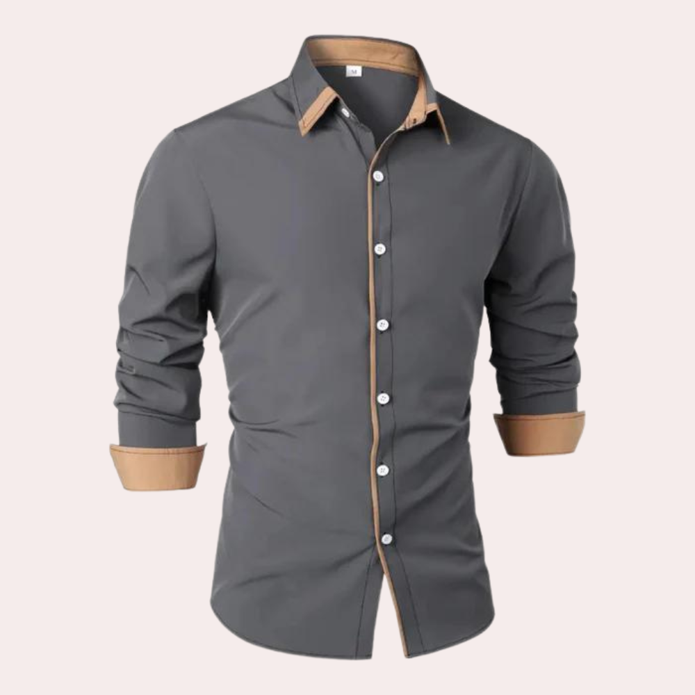Men's slim fit black long sleeve shirt with tan contrast collar and cuffs classic design