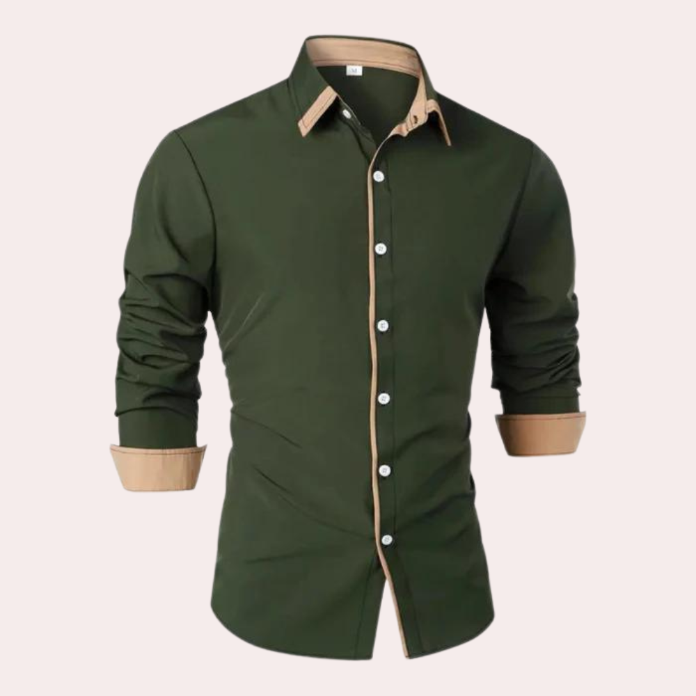 Men's slim fit black long sleeve shirt with tan contrast collar and cuffs classic design