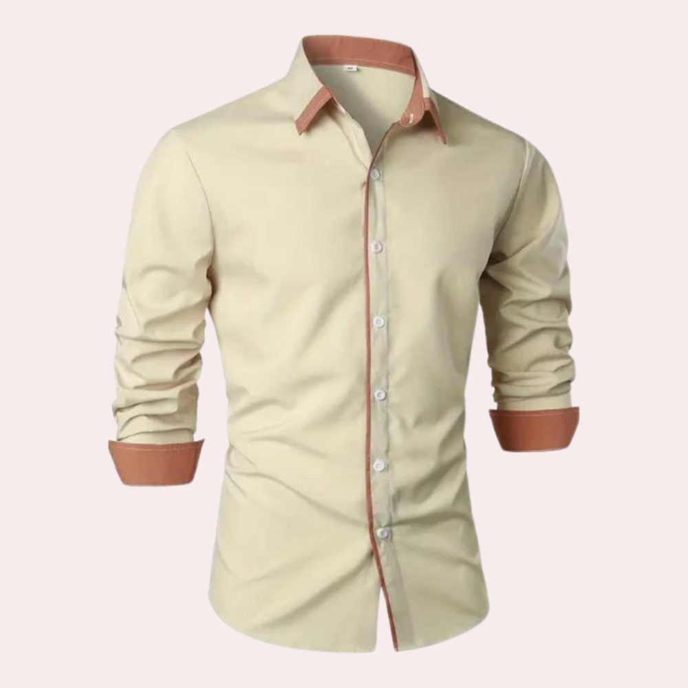 Men's slim fit black long sleeve shirt with tan contrast collar and cuffs classic design