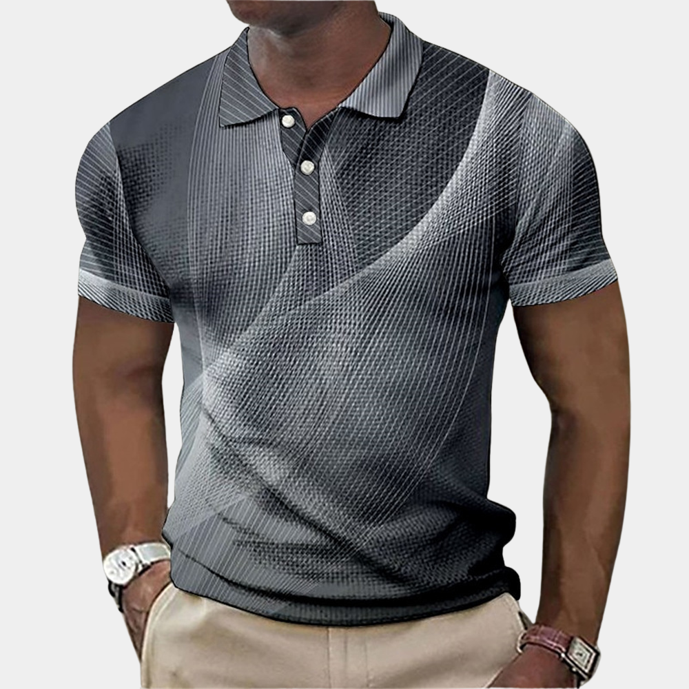 Men's abstract pattern polo shirt ribbed collar short sleeves button closure smart casual wear