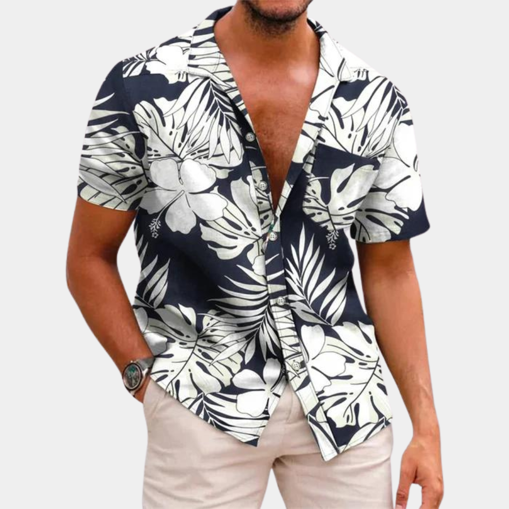 Men's relaxed fit short sleeve tropical leaf print button-front shirt for summer casual wear