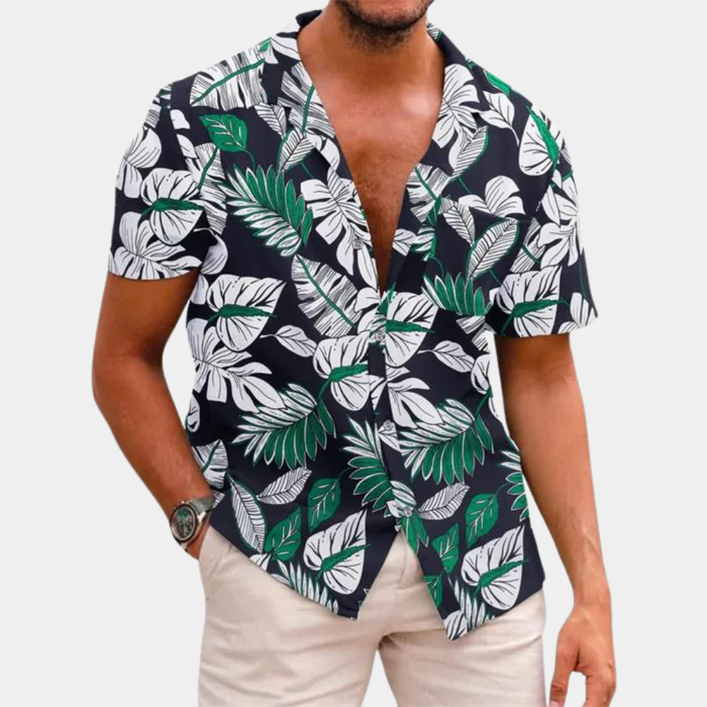 Men's relaxed fit short sleeve tropical leaf print button-front summer casual shirt