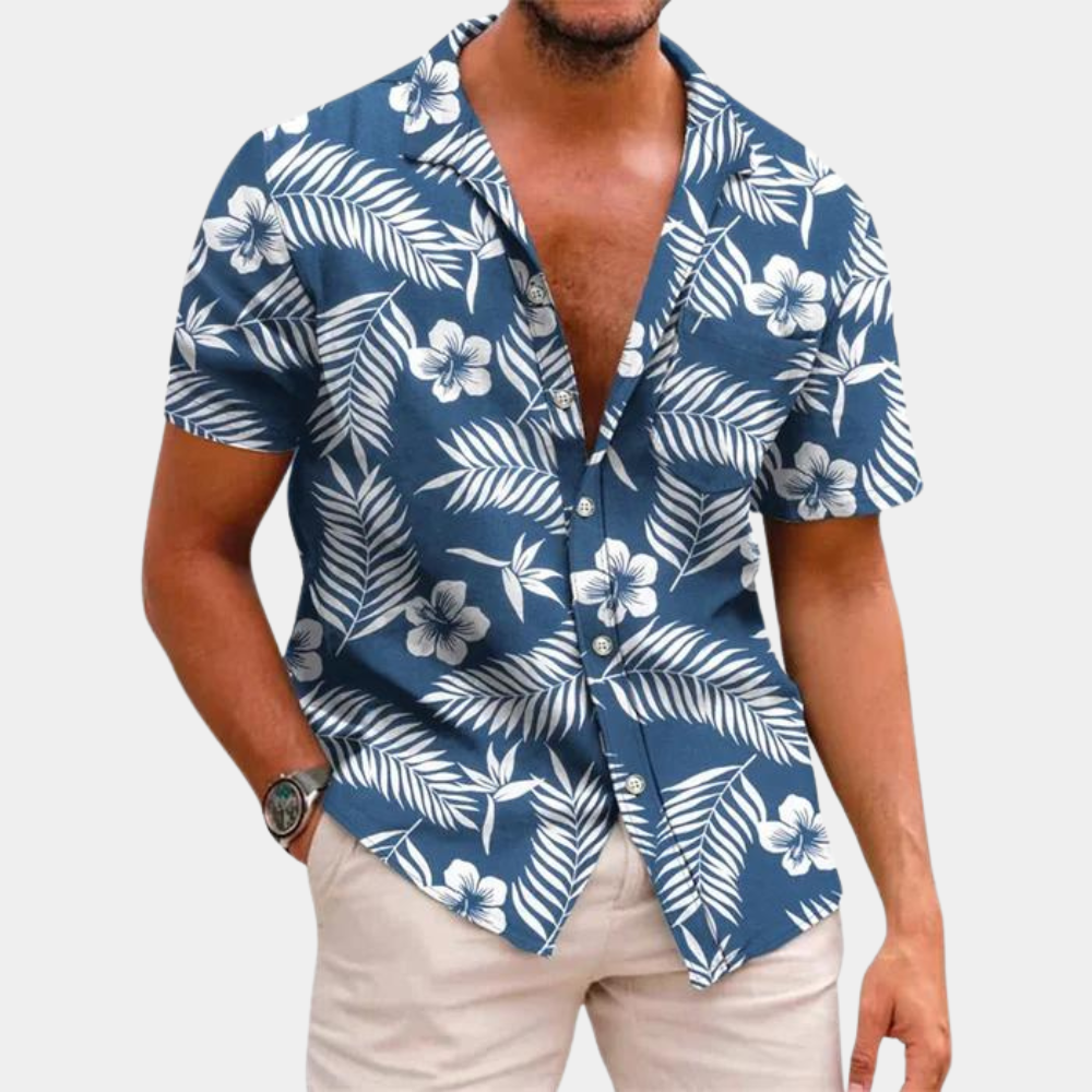 Men's relaxed fit short sleeve button-front shirt tropical leaf pattern cotton blend summer casual