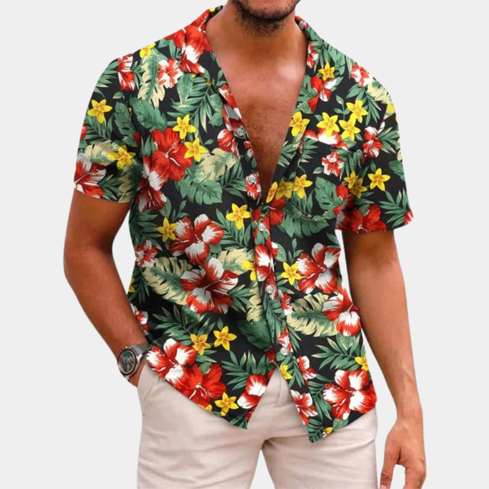 Men's relaxed fit short sleeve button-front shirt tropical leaf print summer casual cotton blend