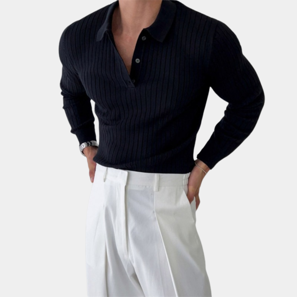 Men's ribbed knit polo sweater long sleeves button closure elegant cotton blend all-season comfort