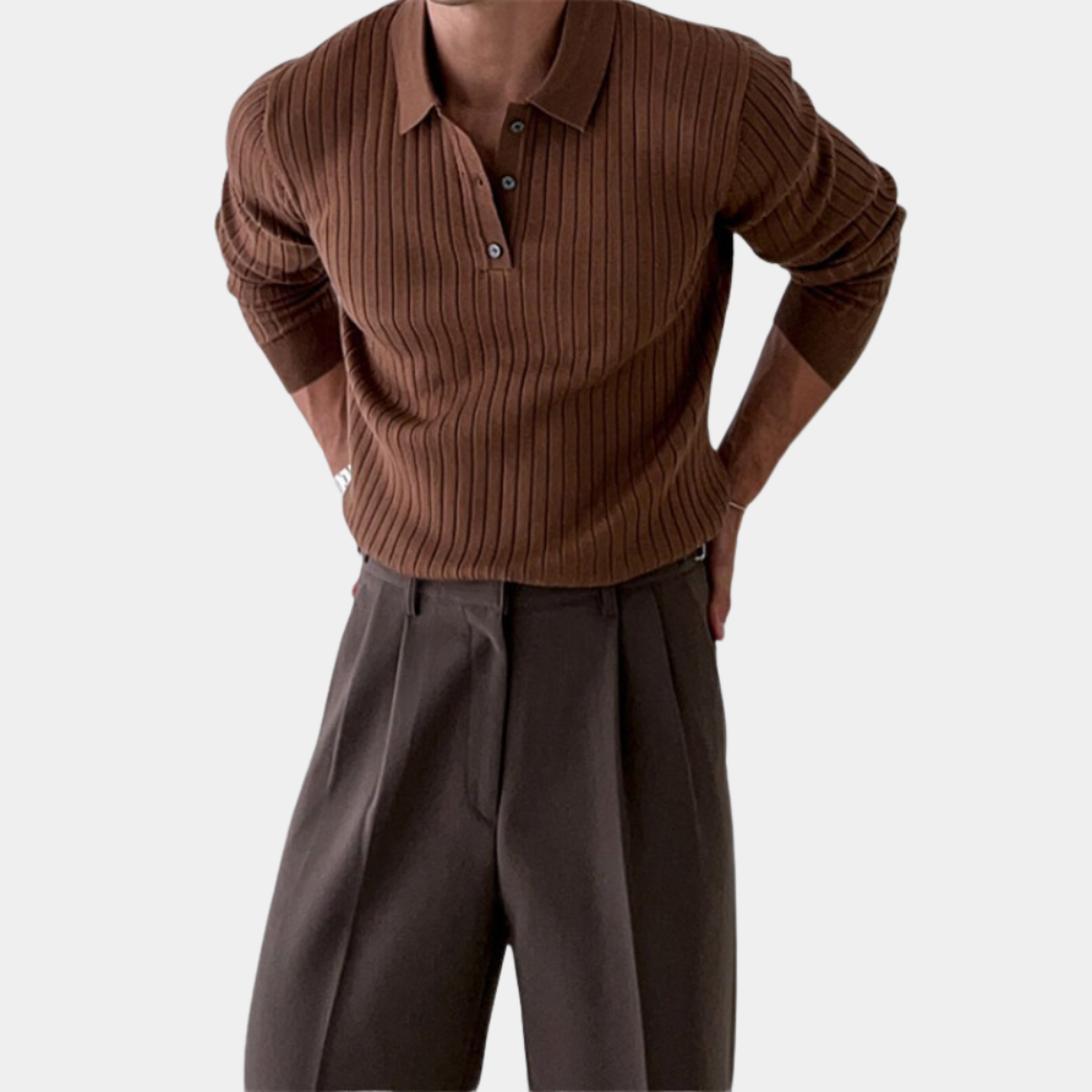 Men's ribbed knit polo sweater long sleeves button closure elegant comfortable cotton blend