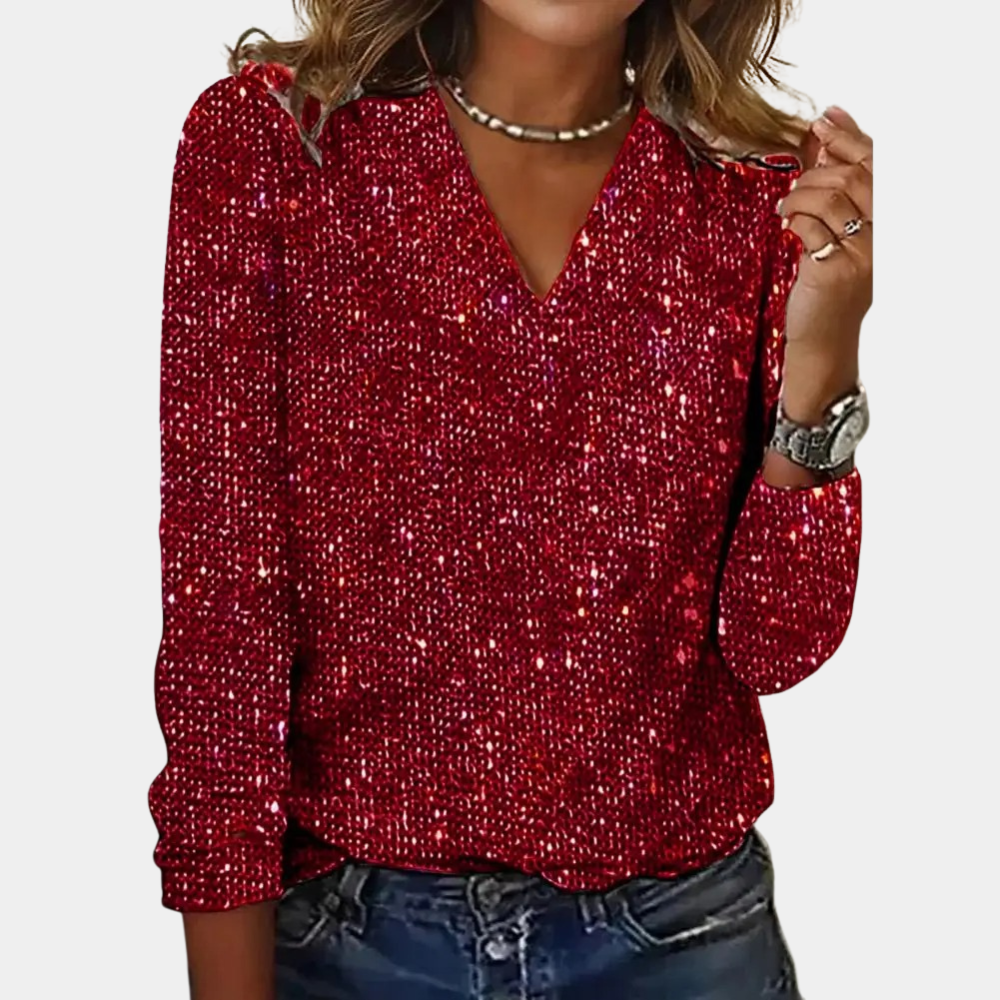Women's silver sequined V-neck blouse with long sleeves, all-over sparkle festive elegant top