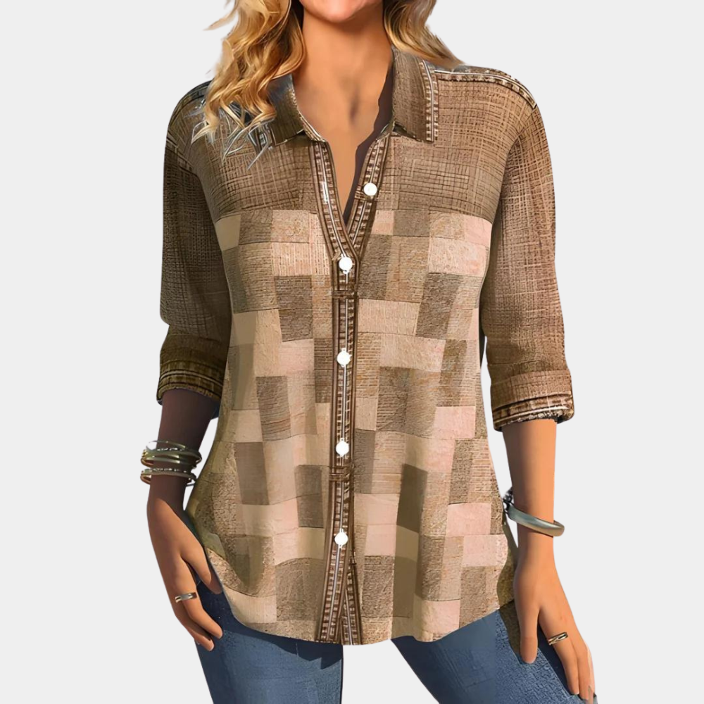 Women's relaxed fit long-sleeve shirt with button closure and checked patchwork design
