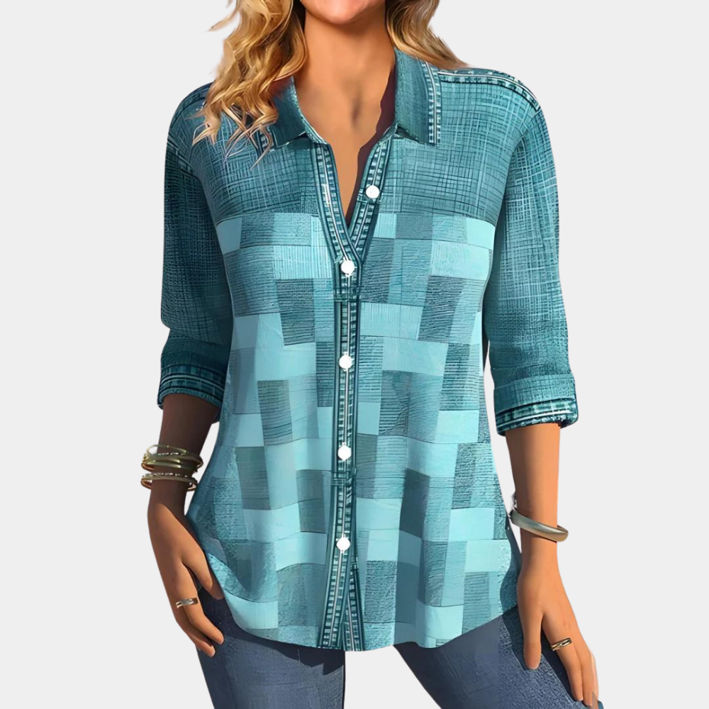 Women's relaxed fit long-sleeve checked patchwork shirt with button closure, multicolor plaid design