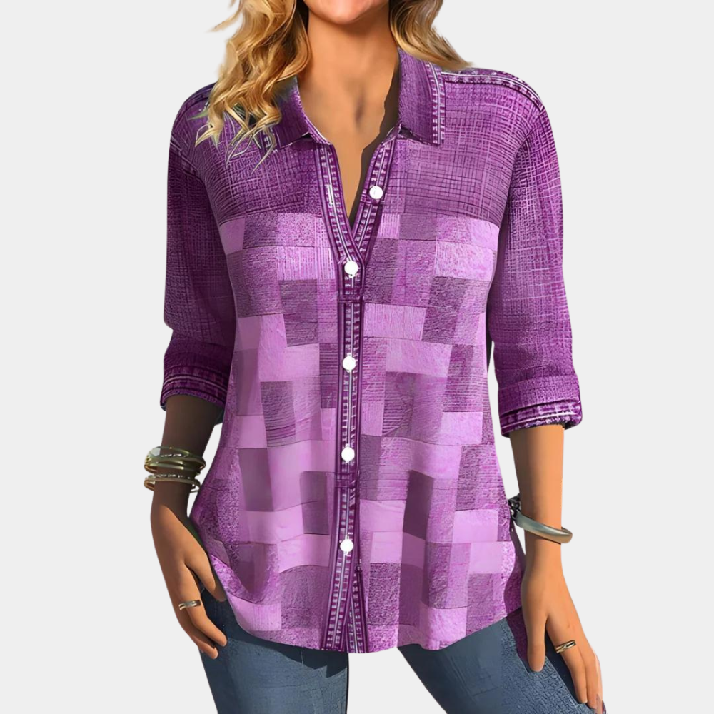 Women's relaxed fit long-sleeve button shirt with multicolor checked patchwork design
