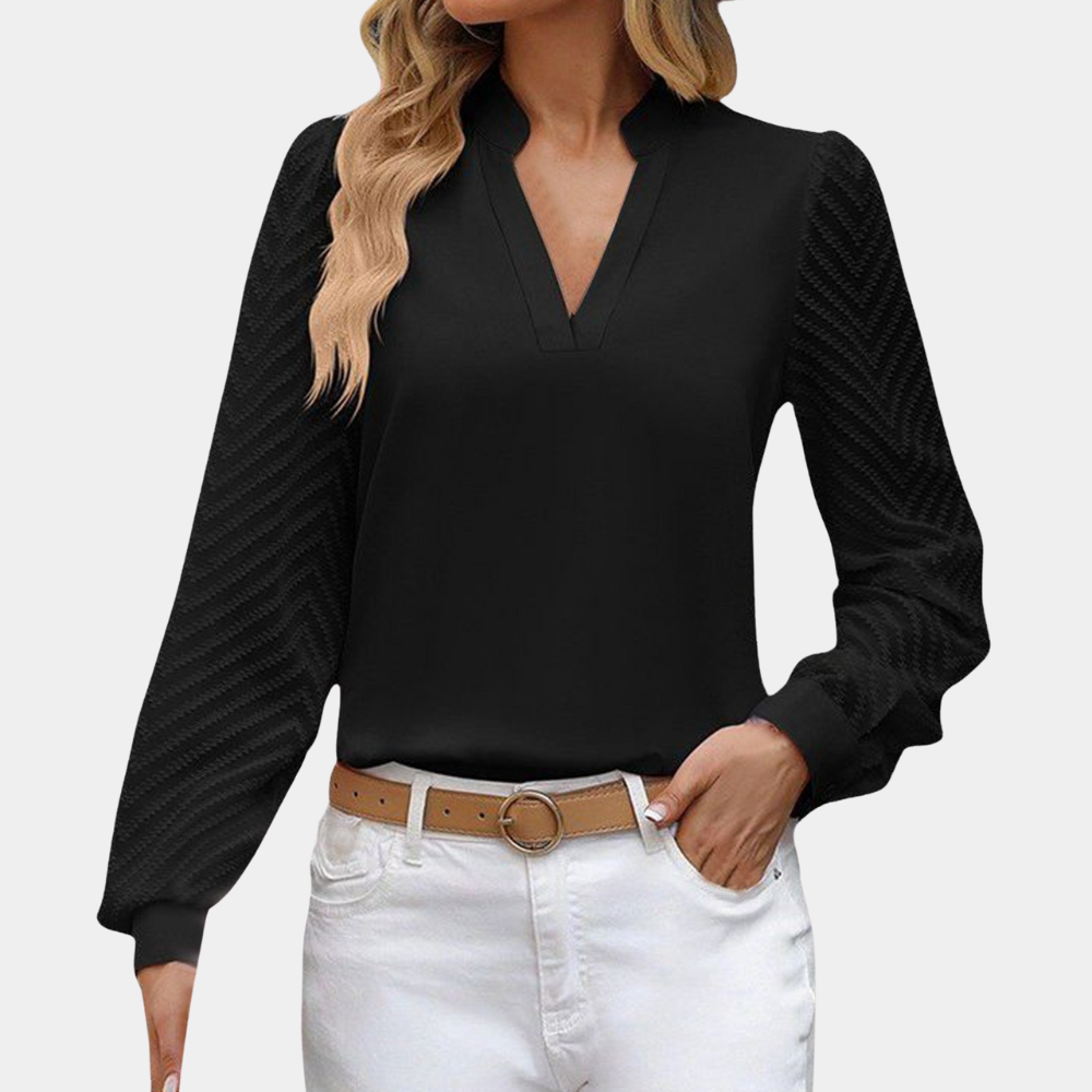 Elegant women's V-neck blouse with patterned long sleeves, light comfortable fit for any occasion