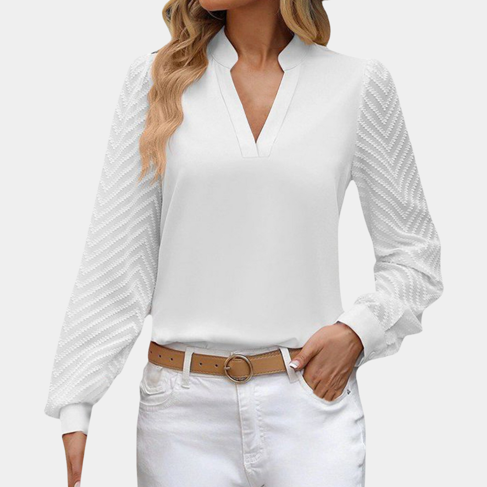 Elegant women's V-neck blouse, long patterned sleeves, light comfortable fit, versatile style
