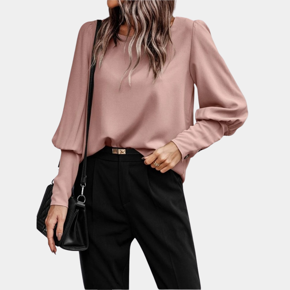 Elegant women's long-sleeve round neck blouse, versatile minimalist style for everyday and festive wear