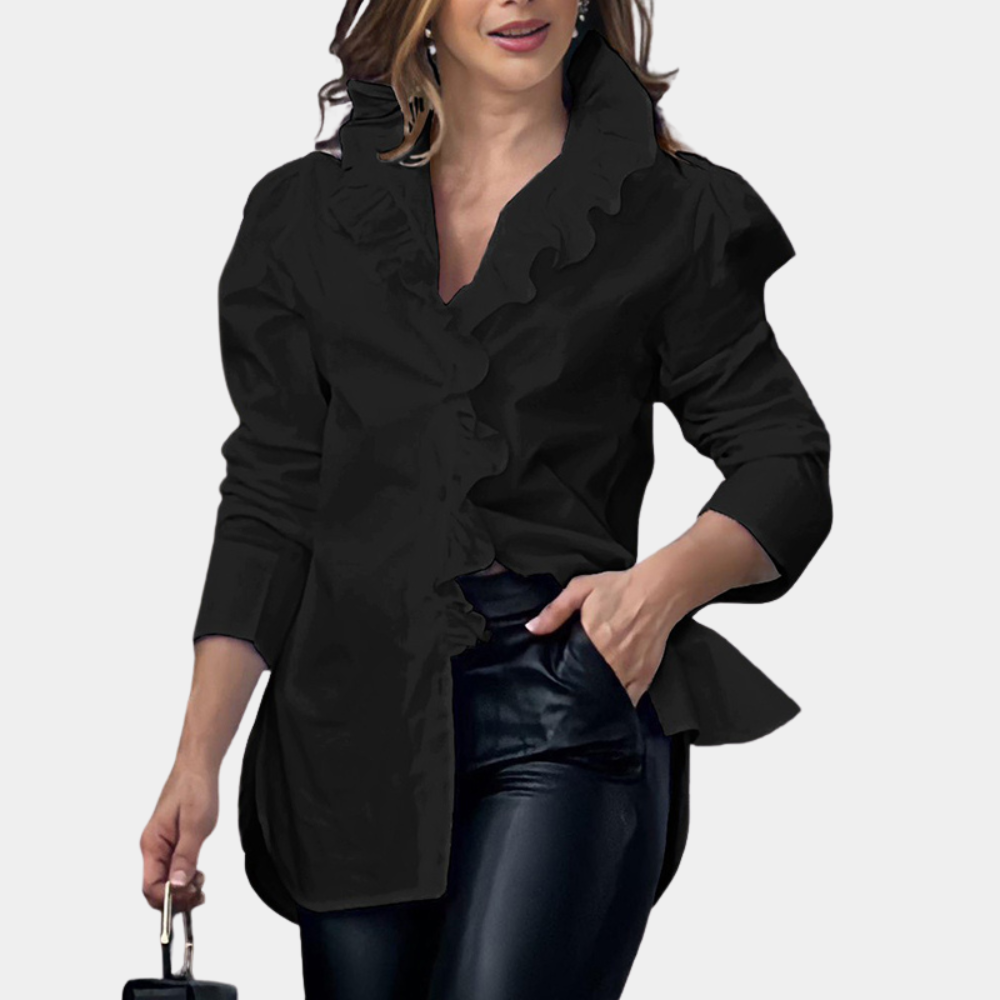 Women's elegant white ruffle collar blouse tailored fit long sleeve work top with front ruffle detail