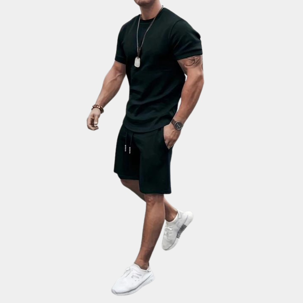 Men's slim fit two-piece set short sleeve T-shirt and matching shorts breathable casual summer look