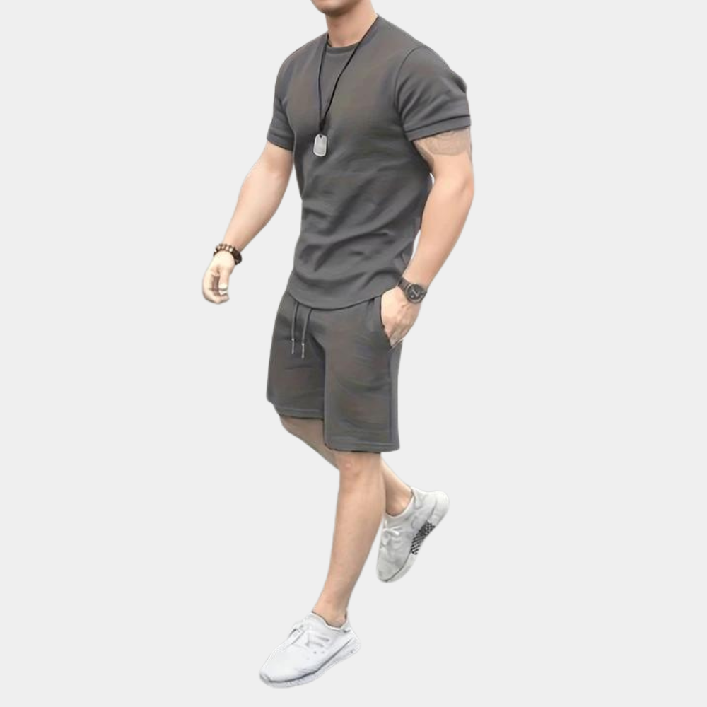 Men's slim fit two-piece set short sleeve T-shirt and matching shorts breathable casual summer outfit
