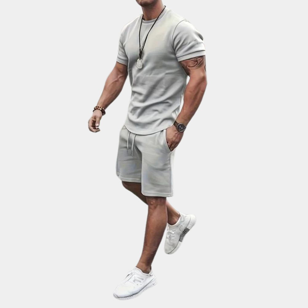 Men's slim fit two-piece set short sleeve T-shirt and matching shorts breathable casual summer outfit