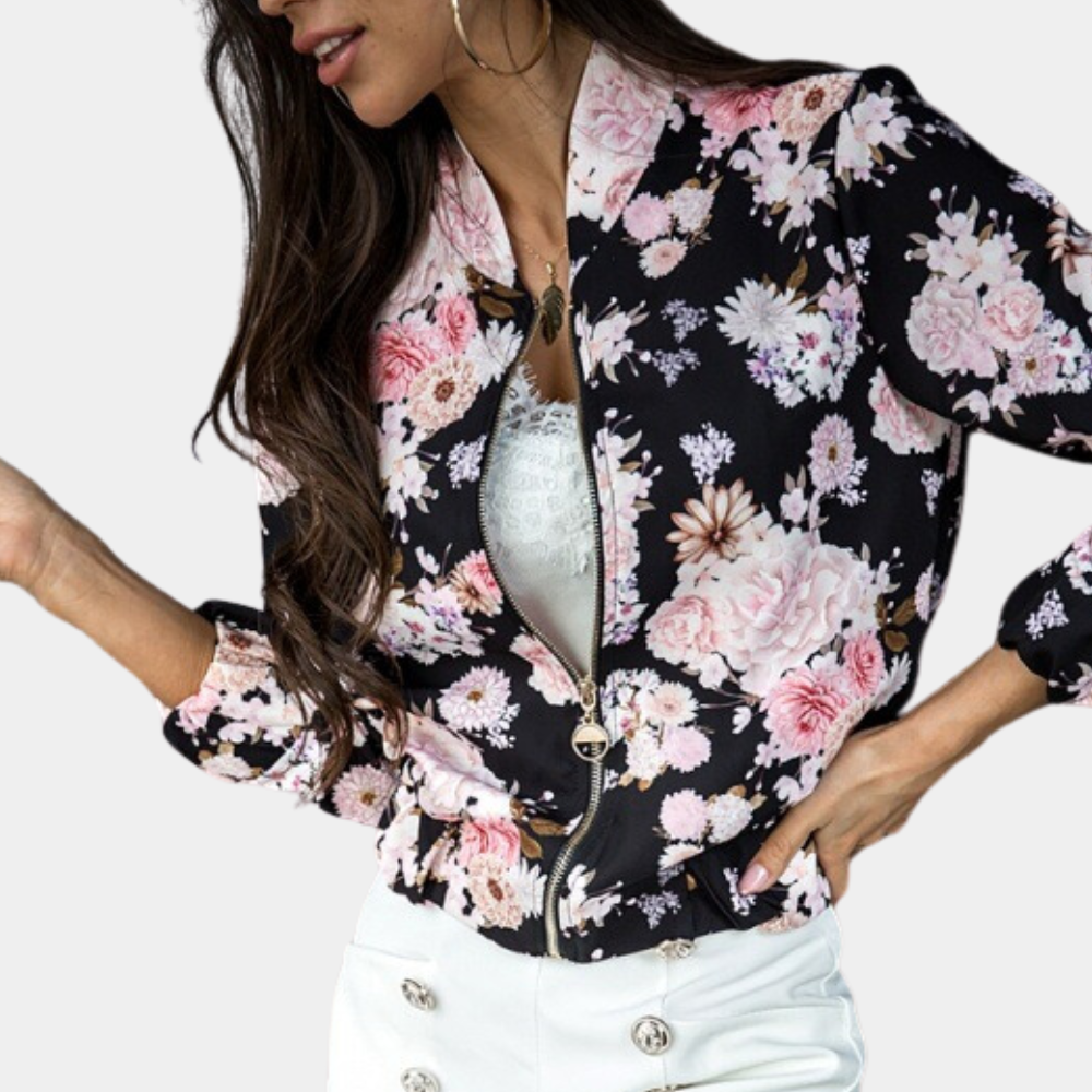Women's pastel floral zip-up bomber jacket with slim fit and elegant all-over bloom print