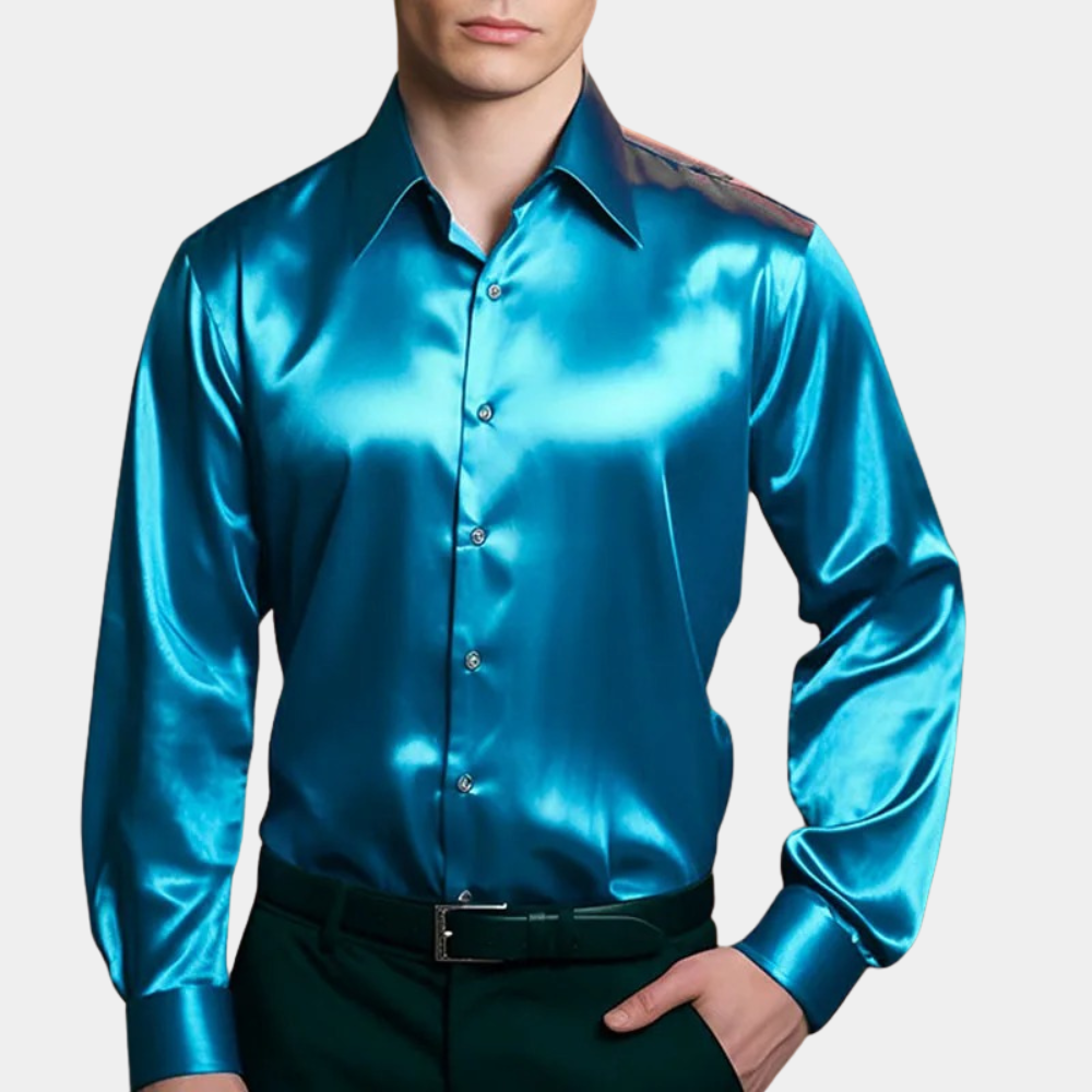 Men's satin slim-fit dress shirt long sleeve classic button closure formal festive elegant