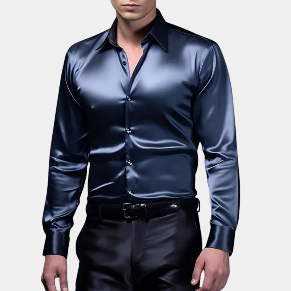 Men's satin slim-fit dress shirt with long sleeves, classic button closure, sleek sheen for formal occasions
