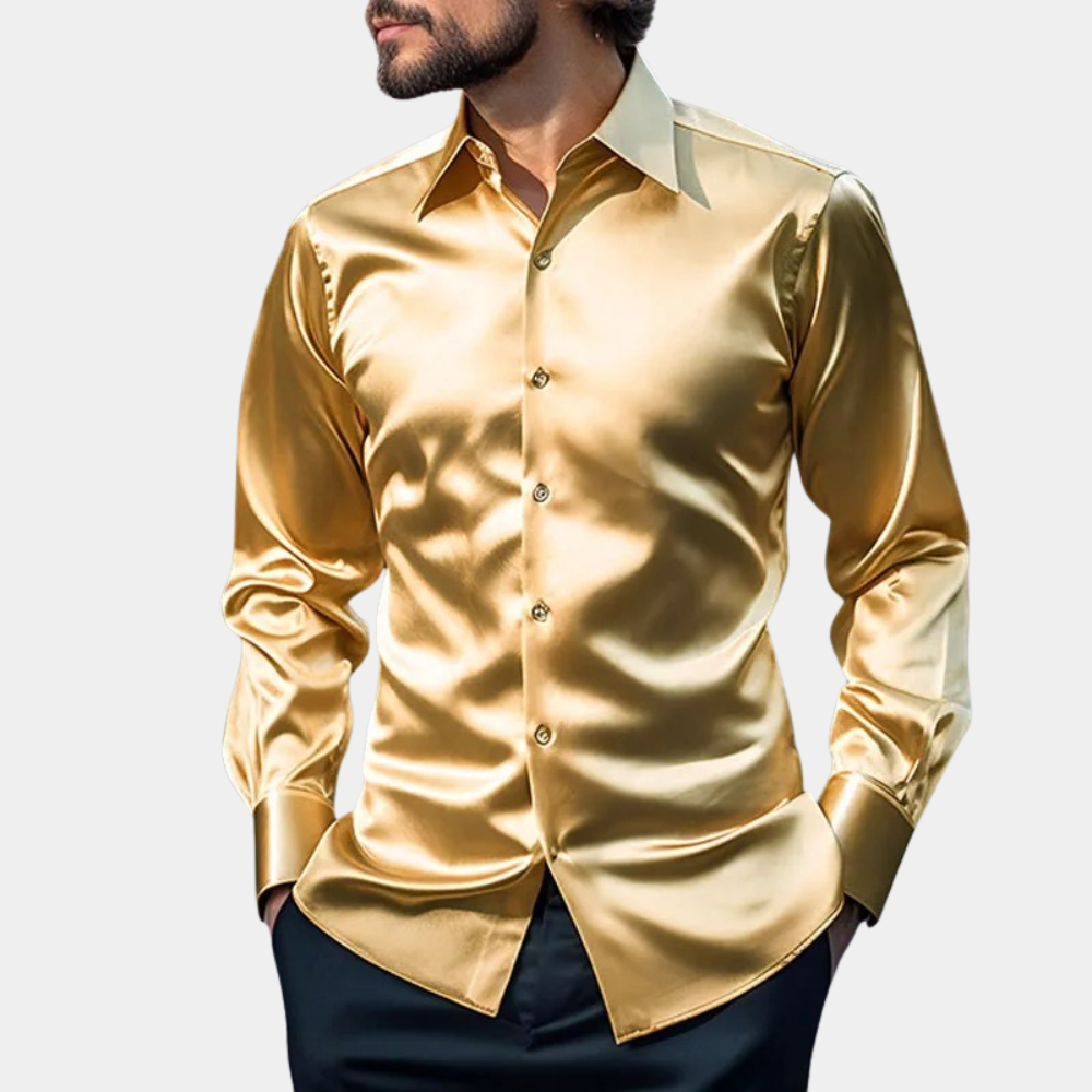 Men's satin look slim fit dress shirt long sleeve classic button closure formal festive