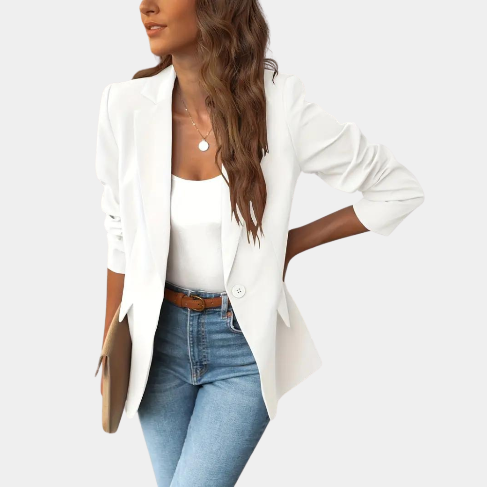 Women's classic single-breasted tailored blazer with structured shoulders and flattering fitted silhouette