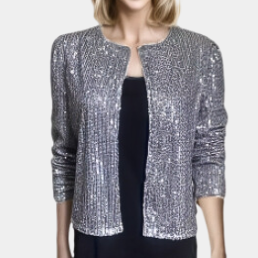 Women's silver sequin blazer tailored fit elegant party jacket with allover sparkle finish
