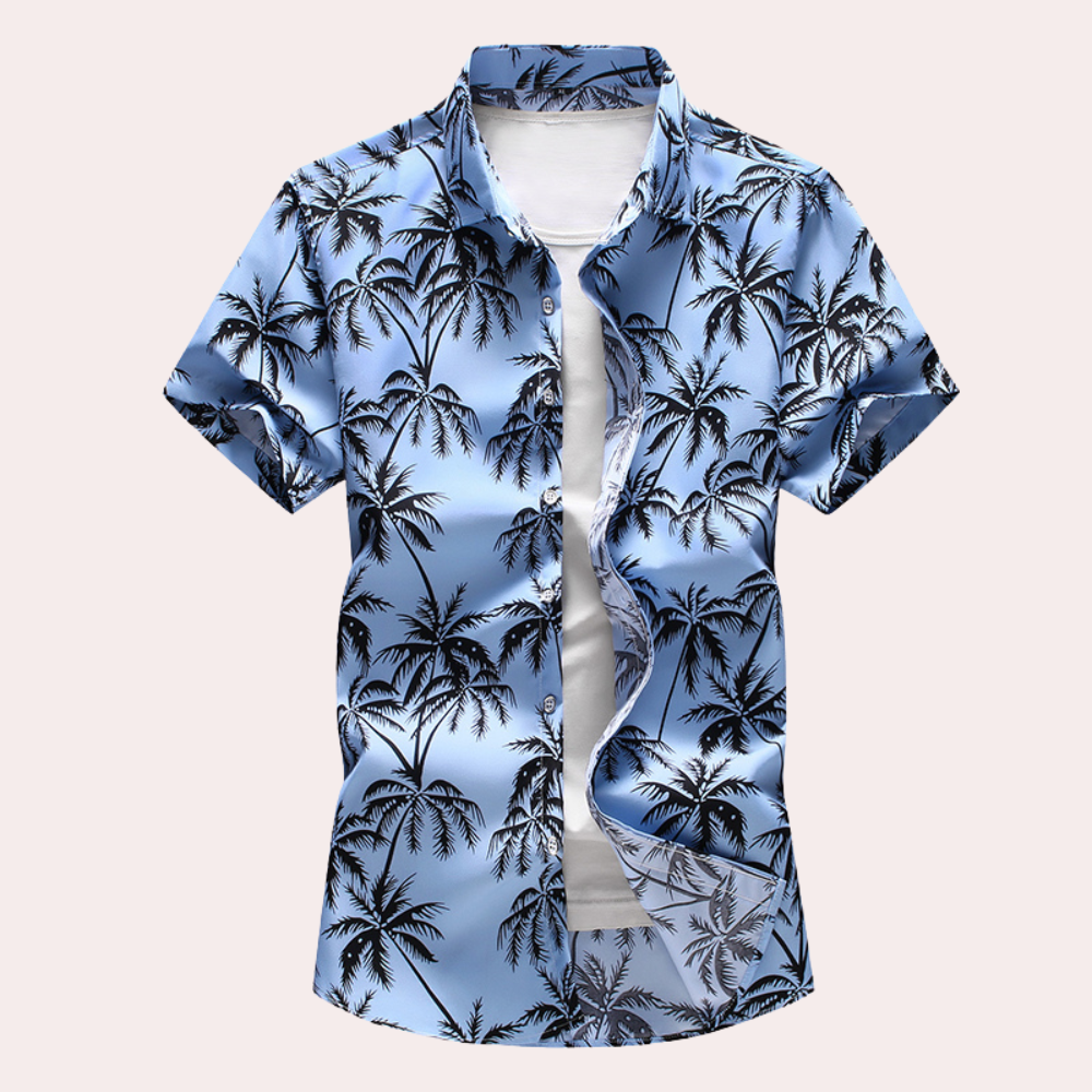 Men's tropical floral short sleeve button-front shirt regular fit breathable cotton blend vacation style