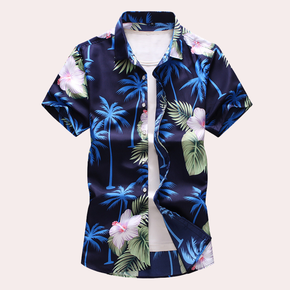 Men's tropical floral short sleeve button-front shirt regular fit breathable cotton vacation style