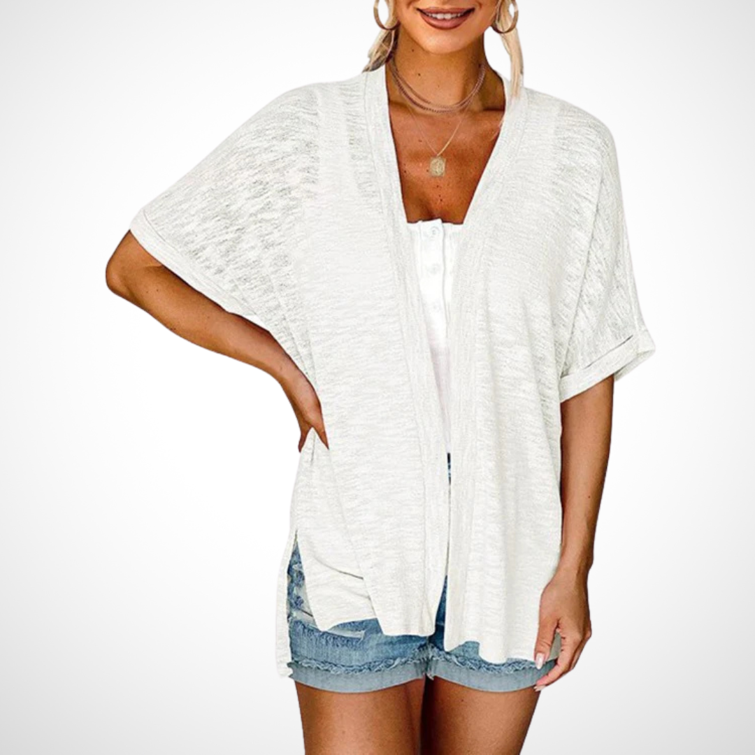 Flowy short sleeve cardigan lightweight elegant drape silhouette versatile layering piece for warm days
