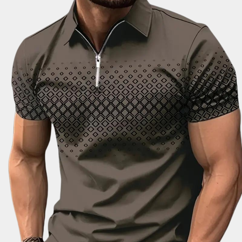 Men's slim fit zip-front polo shirt short sleeves geometric pattern casual smart casual