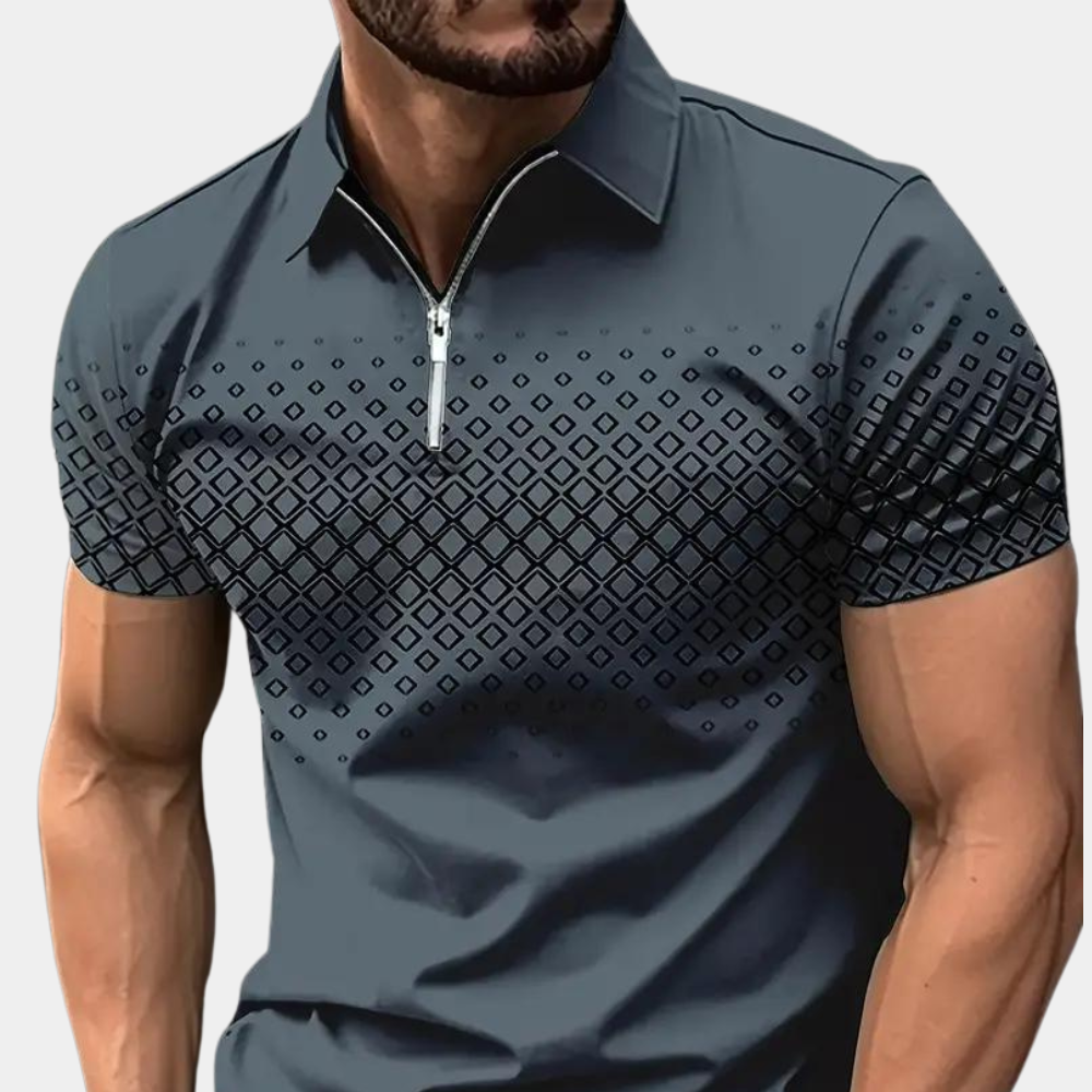 Men's slim fit zip-front polo shirt short sleeves geometric pattern casual smart casual style