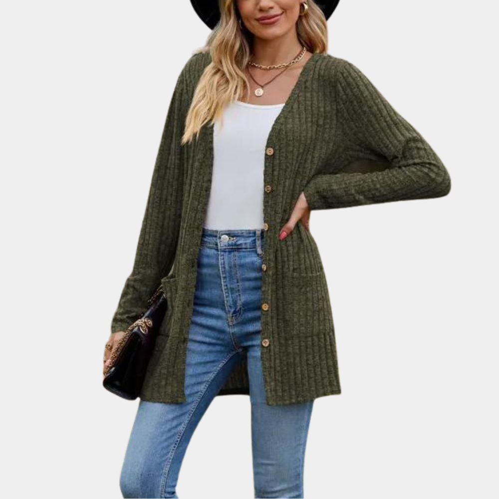 Women's long ribbed knit cardigan with button closure, front pockets, relaxed silhouette