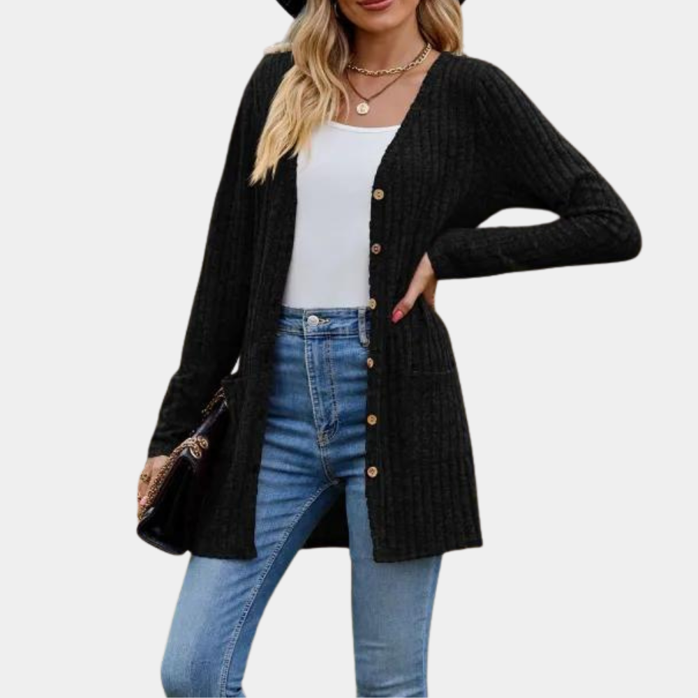 Women's long ribbed knit cardigan with button closure, front pockets, relaxed silhouette