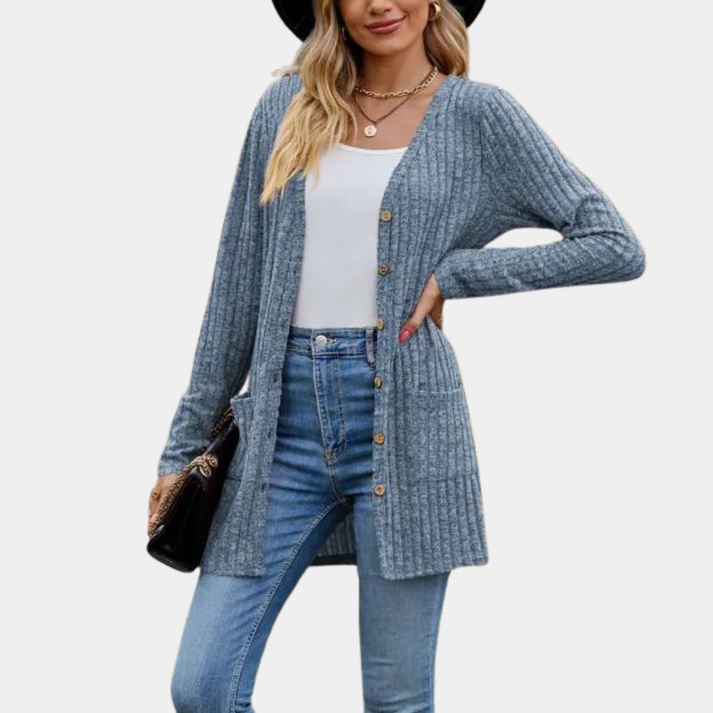 Women's long ribbed knit cardigan with button closure, front pockets, relaxed cozy silhouette