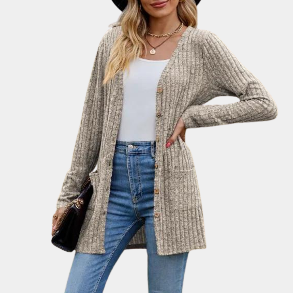 Women's long ribbed knit cardigan with button closure, front pockets, relaxed silhouette