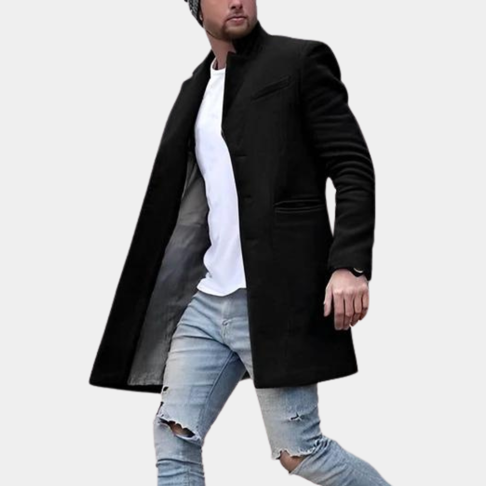 Men's slim fit wool blend coat with stand collar, single-breasted, versatile formal casual outerwear