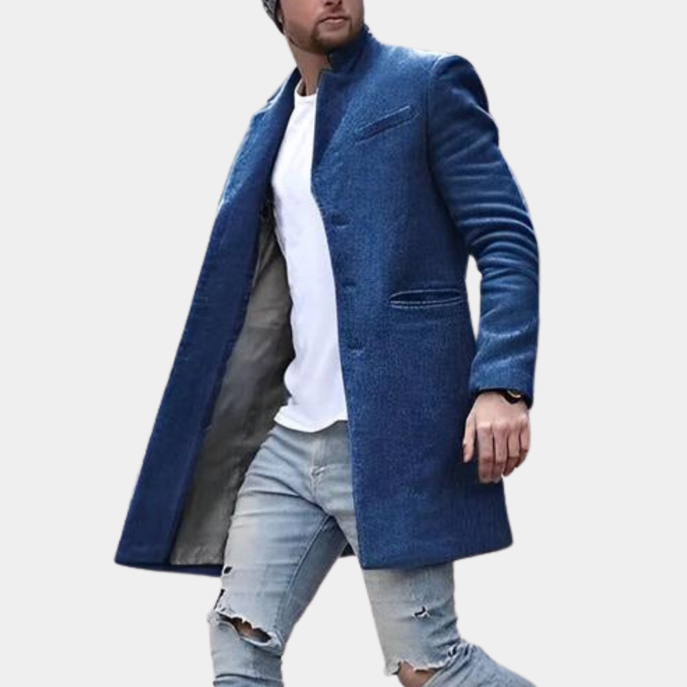 Men's slim fit wool blend coat with stand collar, single-breasted, versatile formal casual outerwear