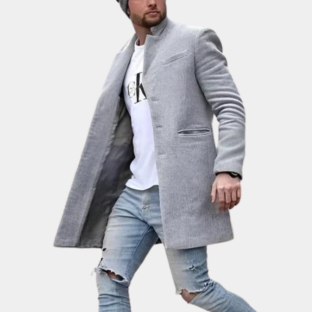 Men's slim fit wool blend coat with stand collar, single-breasted formal casual outerwear