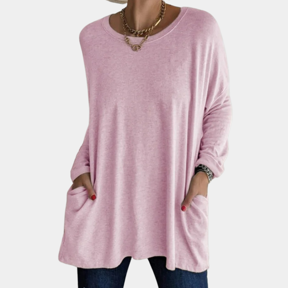 Women's oversized tunic sweater soft knit round neck long sleeves with pockets casual fit