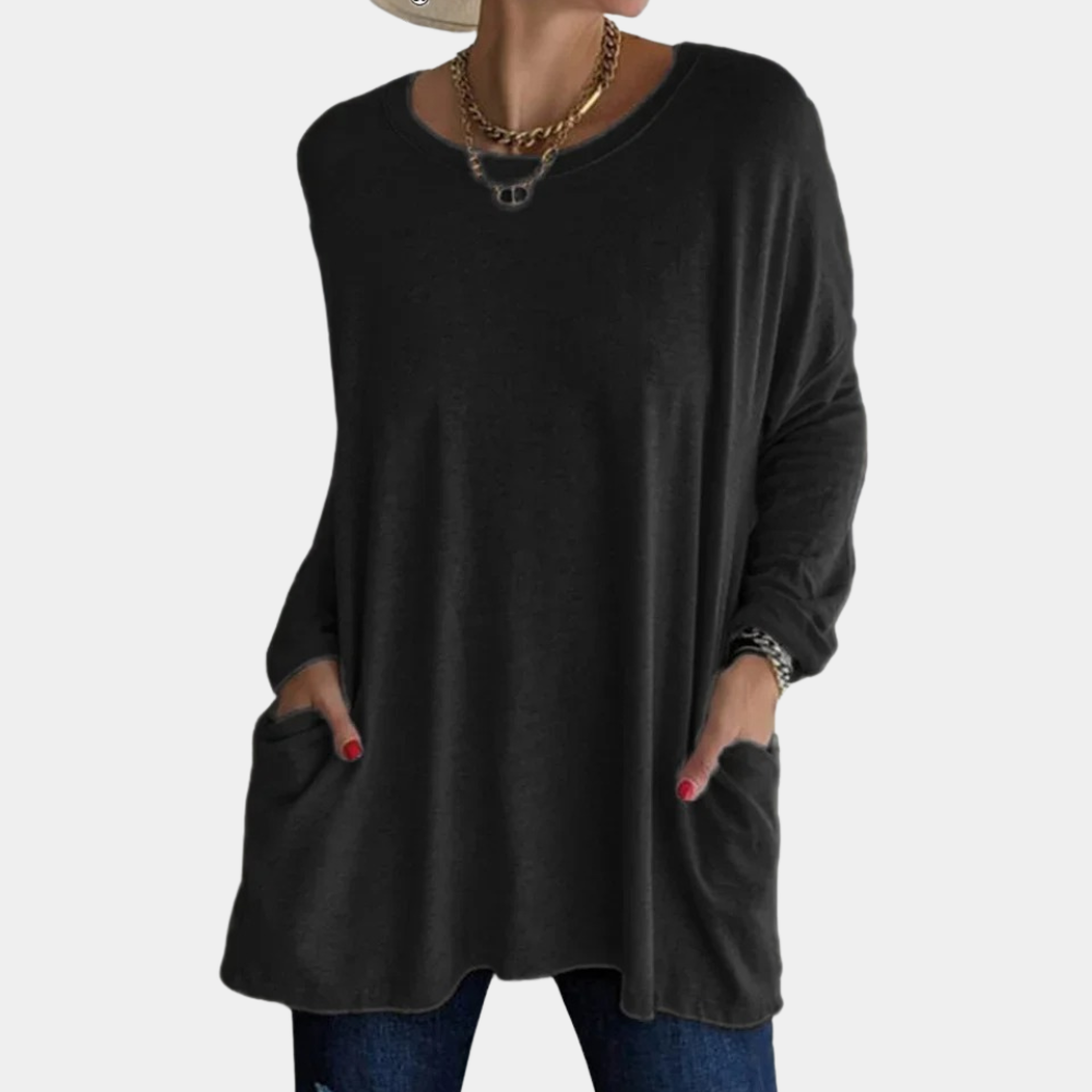 Women's oversized tunic sweater soft knit round neck long sleeves with practical pockets