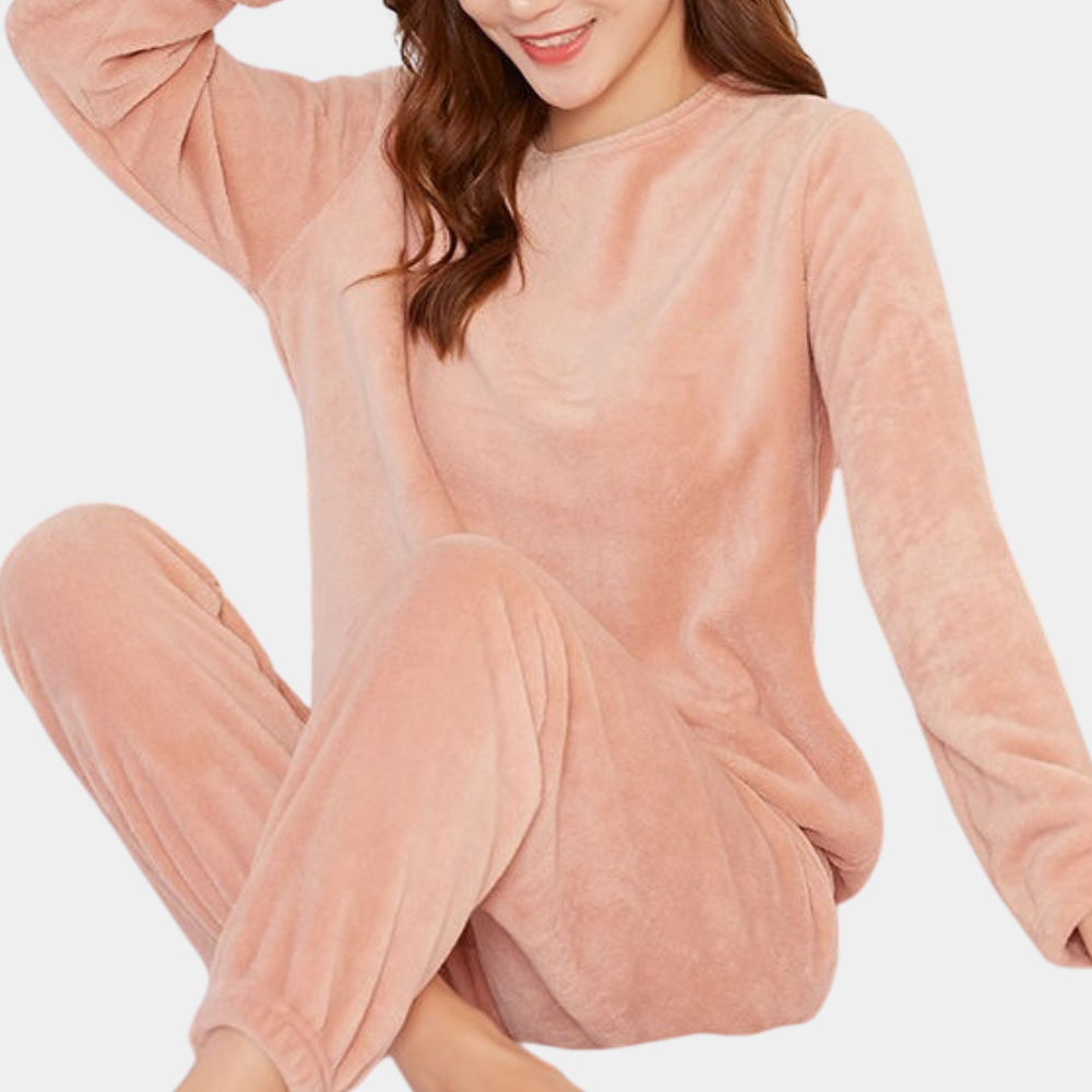 Women's soft fleece pajama set, long-sleeve pullover and elastic pants, cozy Nordic style