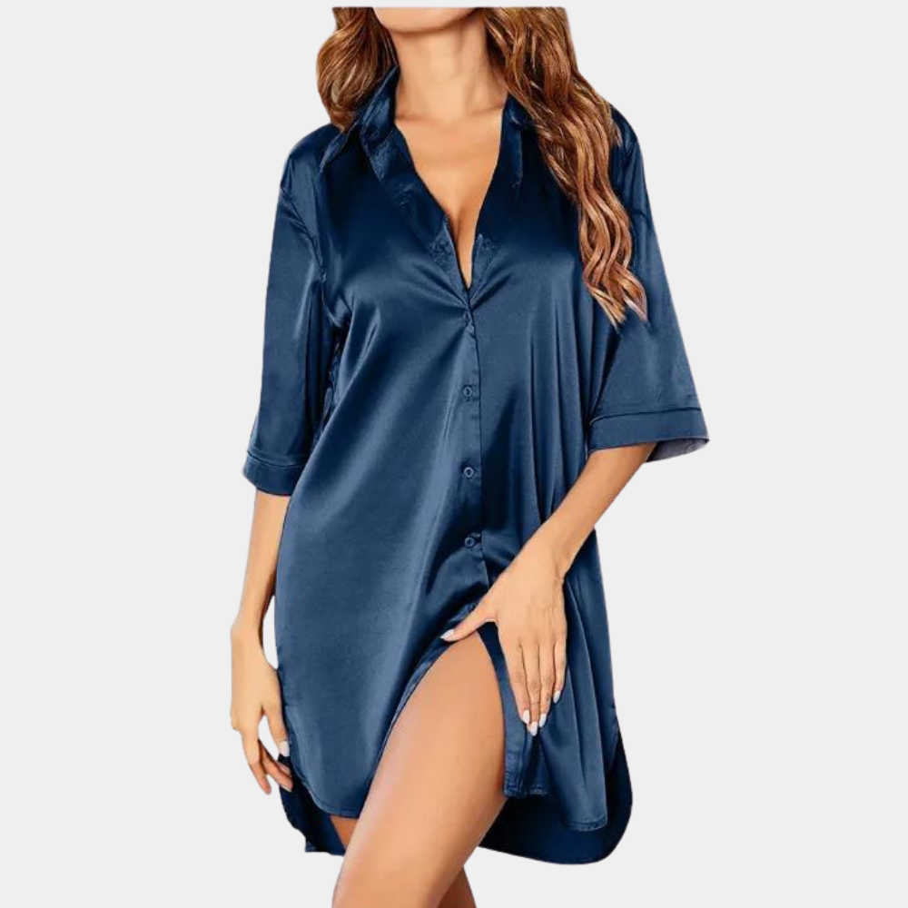 Women's silk satin shirt dress, elegant 3/4 sleeve button closure style with luxurious subtle sheen