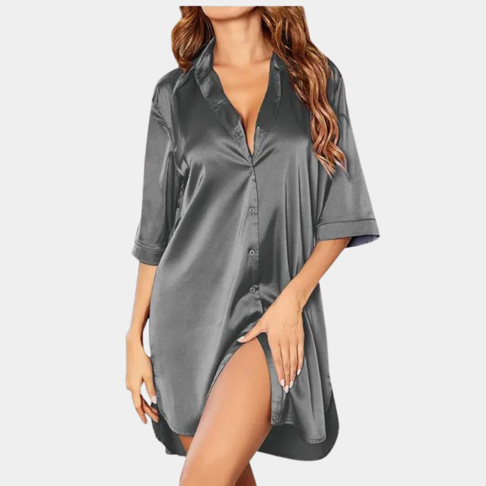 Women's silk satin shirt dress, elegant 3/4 sleeves, button closure, smooth subtle sheen finish
