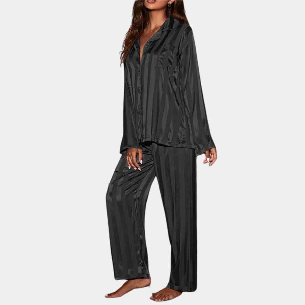 Women's satin pajama set long-sleeve button-up shirt elastic waist pants luxurious sleepwear