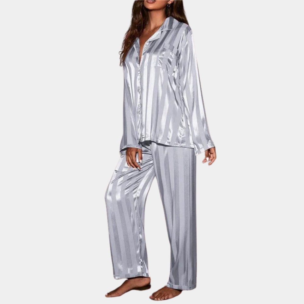 Women's satin pajama set long-sleeve button-up shirt elastic waist pants luxurious sleepwear